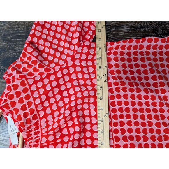 LOFT Blouse M Petite Red Pink Heart Print Long Sleeve Peasant Top Valentine's Mb - Picture 5 of 7